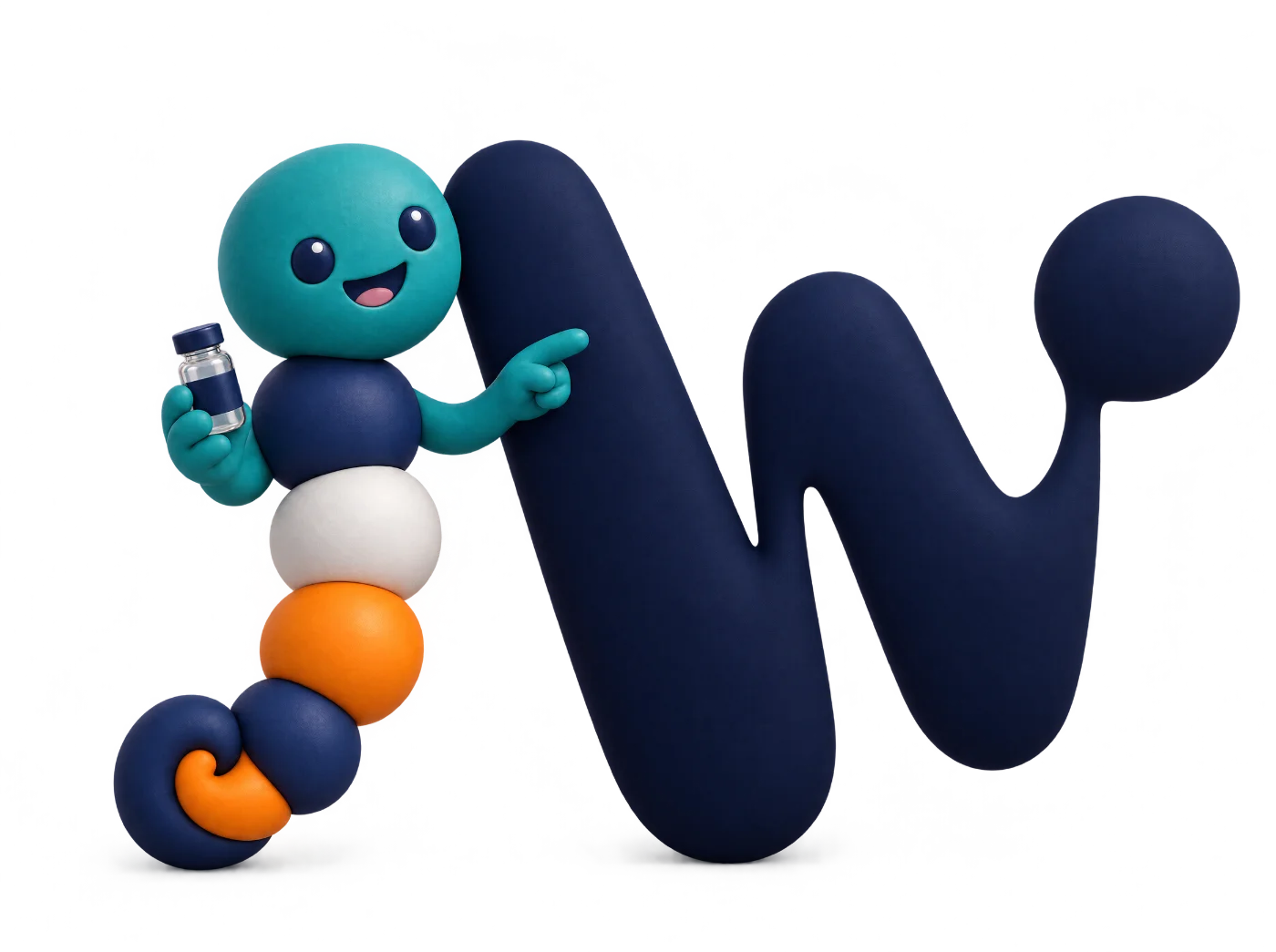 The WikiPep mascot, a peptide chain character, leaning on the W monogram